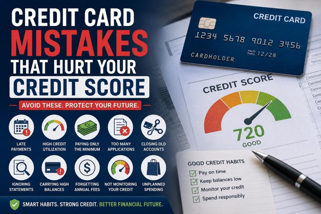 Credit card mistakes that can lower your credit score, including late payments, high credit utilization, and carrying high balances.