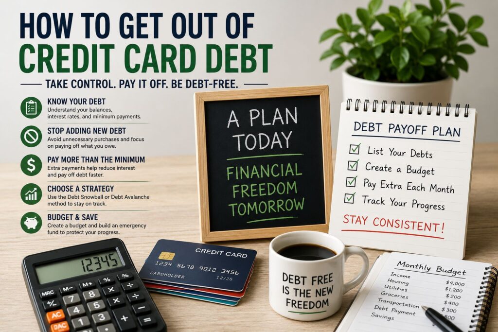 How to get out of credit card debt using a debt payoff plan, budgeting, and smart financial strategies