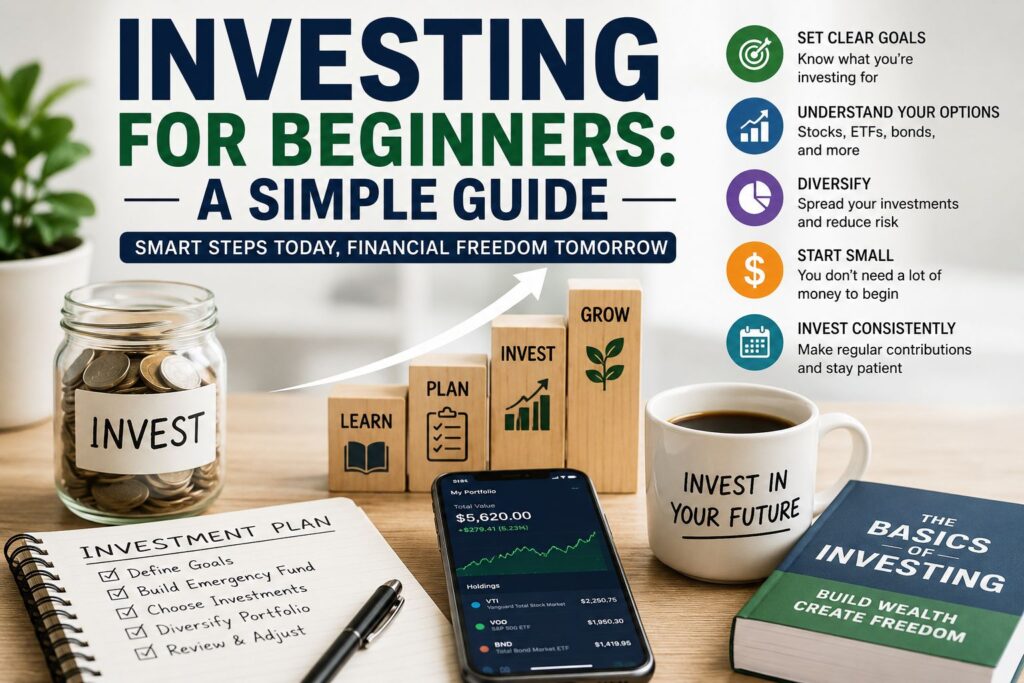 Investing for beginners guide showing stocks, ETFs, diversification, financial planning, and long-term wealth building