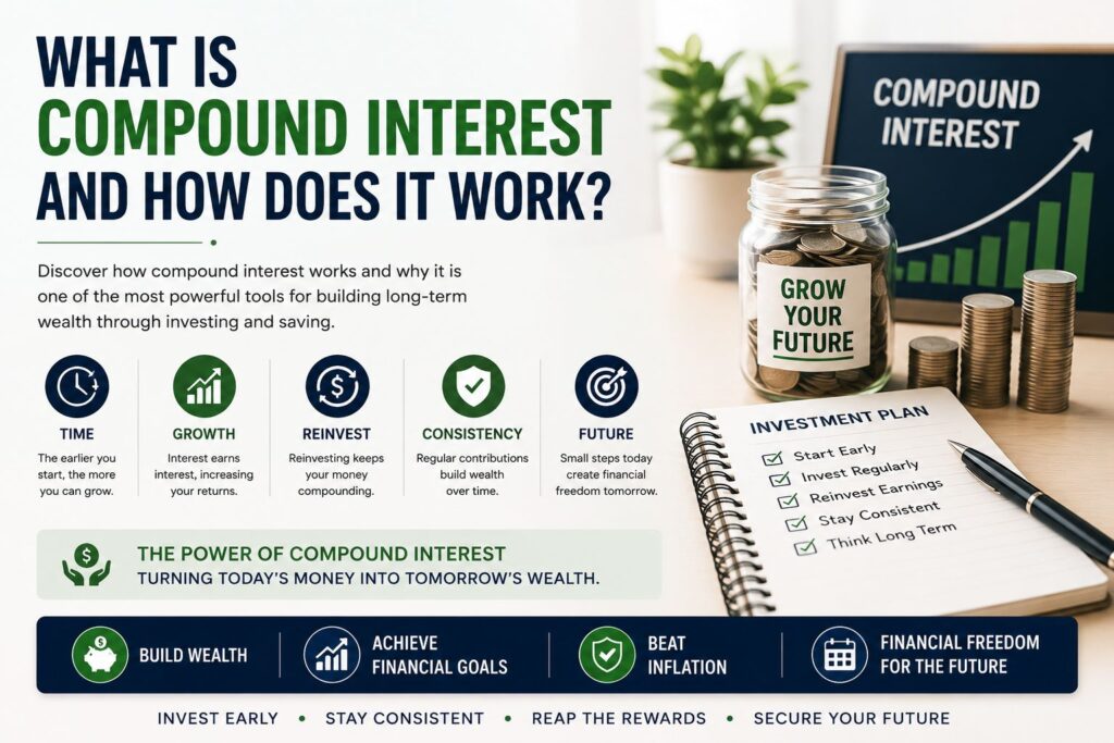 What is compound interest and how does it work? Illustration explaining compound interest, long-term investing, wealth building, and financial growth.