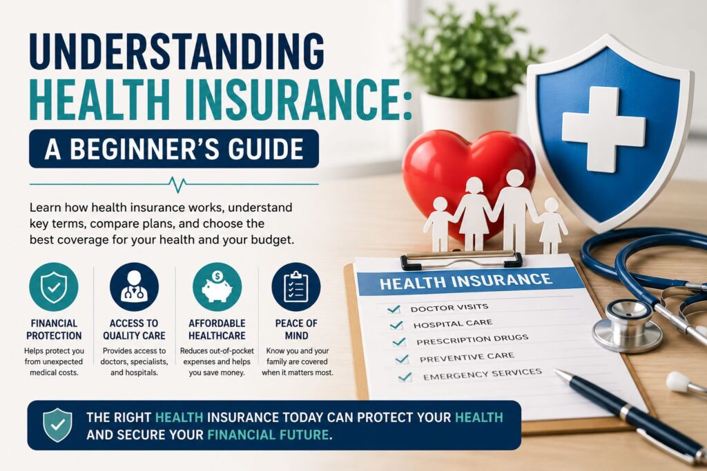 Understanding Health Insurance: A Beginner’s Guide infographic explaining health insurance basics, medical coverage, premiums, deductibles, and financial protection.