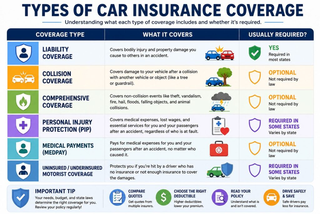 What Does Car Insurance Cover infographic explaining liability, collision, comprehensive, personal injury protection (PIP), medical payments, and uninsured motorist coverage.