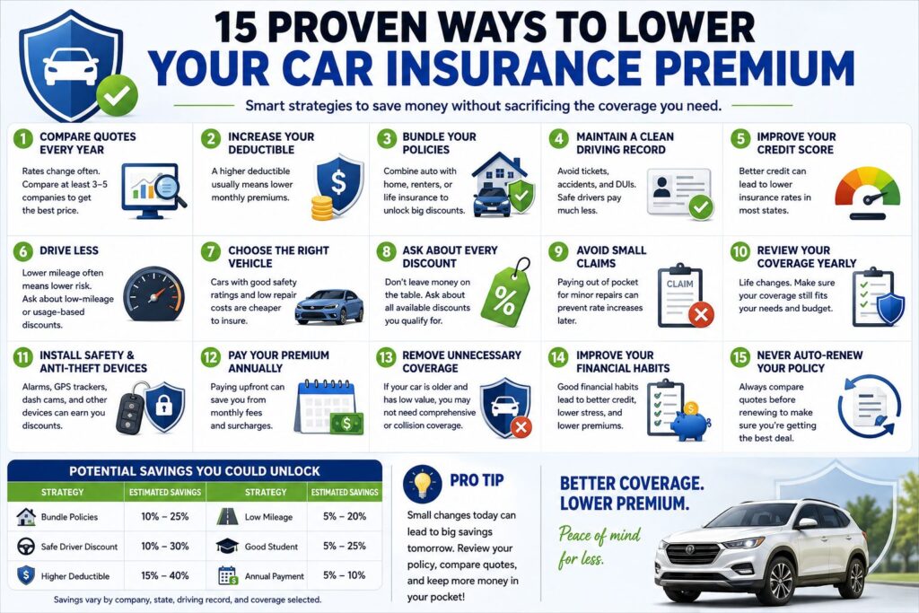 How to Lower Your Car Insurance Premium infographic showing 15 proven ways to save money on auto insurance.